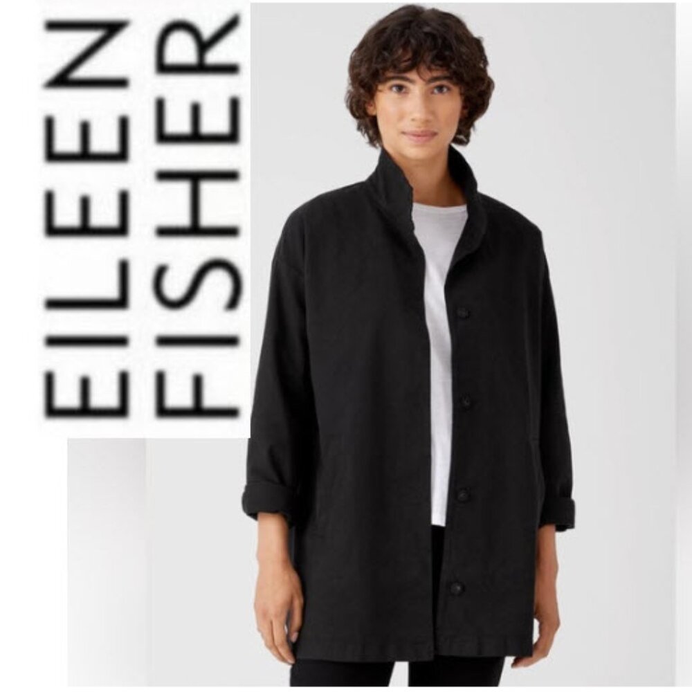 EILEEN FISHER Organic Cotton Hemp Stand Collar Long Jacket Size XL Black Casual
